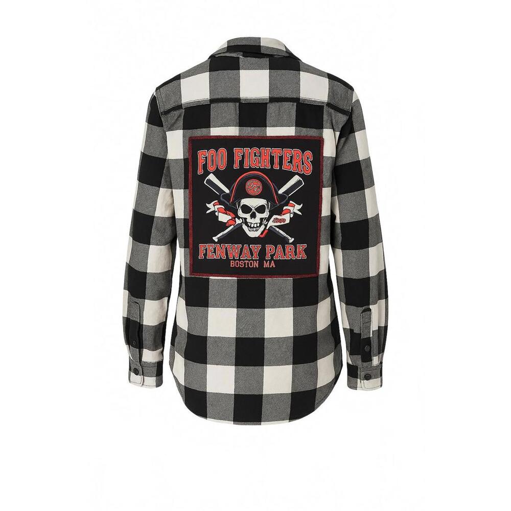 Upcycled Foo Fighters Flannel – Black & White Buffalo Plaid Fenway Park Patch